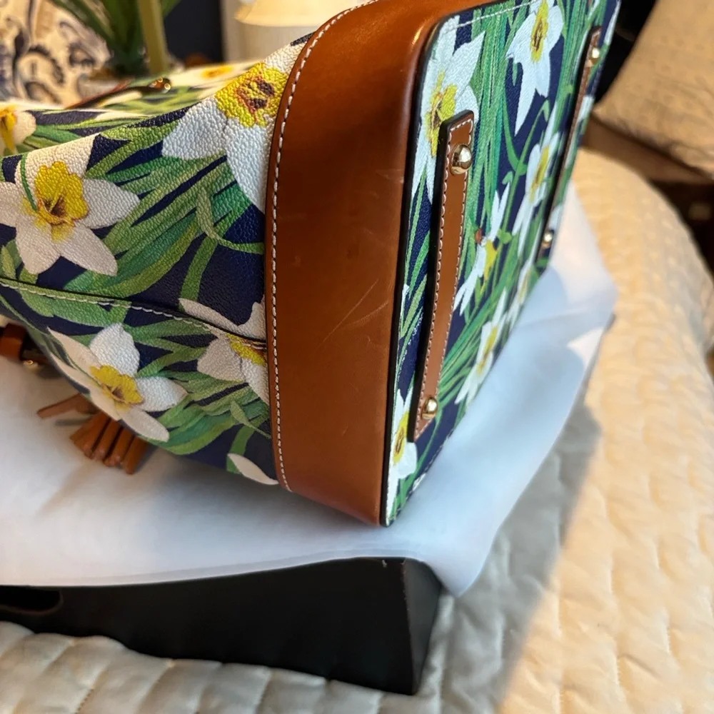Dooney & Bourke Blue Floral Bucket Bag with Tan Trim - Picture 8 of 13